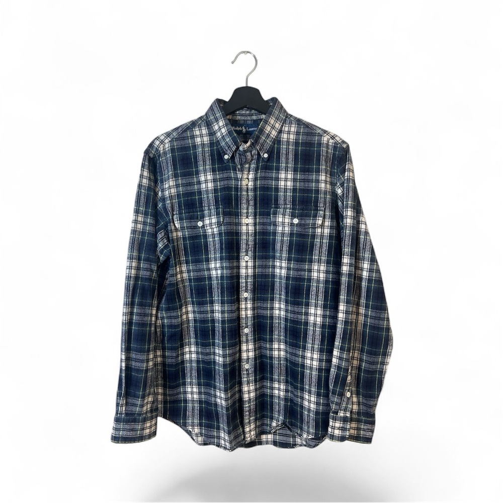 Ralph Lauren Flannel Shirt Mens Large Navy White Plaid Button Down